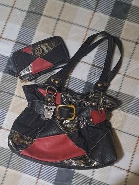 NWOT Black and Red Patchwork Shoulder Bag with Matching Wallet